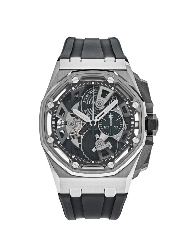 Audemars Piguet Royal Oak Offshore Tourbillon Chronograph 26421ST.OO.A002CA.01 with a 44mm stainless steel case, blue "Méga Tapisserie" dial, and blue rubber strap.