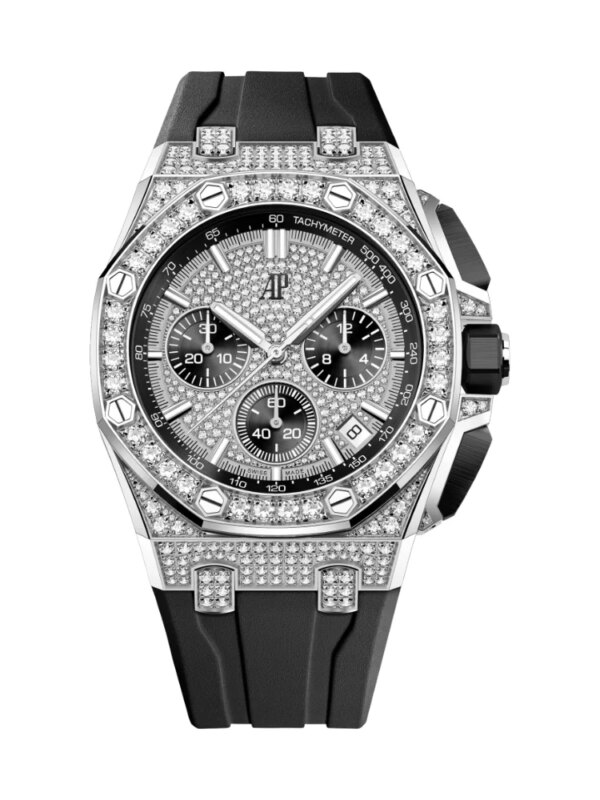 Audemars Piguet Royal Oak Offshore Chronograph 25940SK.OO.D002CA.02 with a 42mm stainless steel case, black dial, silver-toned hands, exposed screws, and black rubber strap.