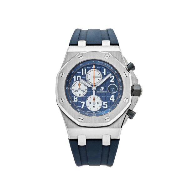 Audemars Piguet Royal Oak Offshore Chronograph with a 42mm stainless steel case, deep blue Mega Tapisserie dial, silver sub-dials, and blue rubber strap.