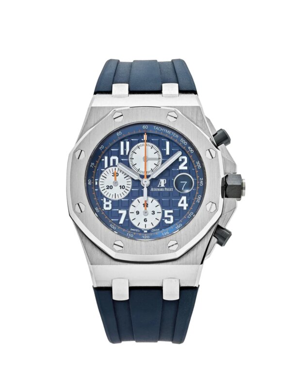 Audemars Piguet Royal Oak Offshore Chronograph with a 42mm stainless steel case, deep blue Mega Tapisserie dial, silver sub-dials, and blue rubber strap.