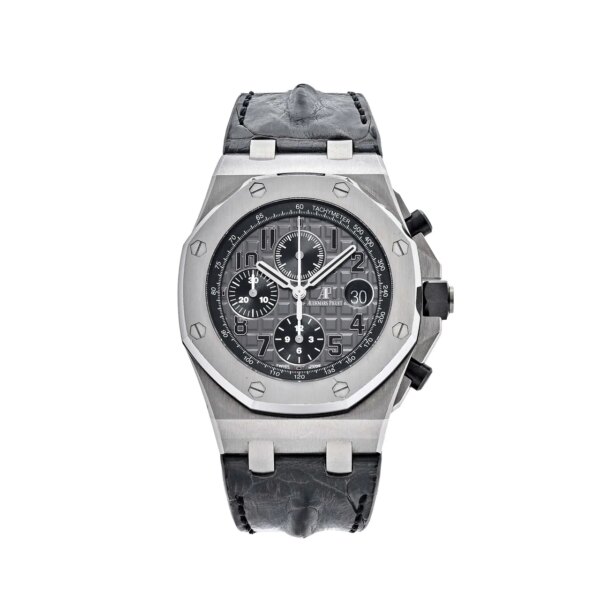 Audemars Piguet Royal Oak Offshore 26470ST.OO.A104CR.01, 42mm stainless steel case, slate grey dial, alligator leather strap, and automatic movement with luminescent hands.