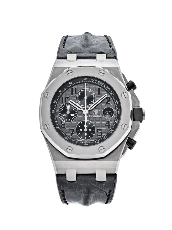 Audemars Piguet Royal Oak Offshore 26470ST.OO.A104CR.01, 42mm stainless steel case, slate grey dial, alligator leather strap, and automatic movement with luminescent hands.