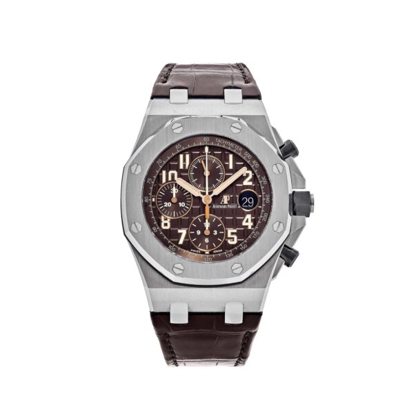 Audemars Piguet Royal Oak Offshore Chronograph 26470ST.OO.A820CR.01, 42mm stainless steel case, brown dial, alligator leather strap, sapphire crystal, and 100m water resistance.