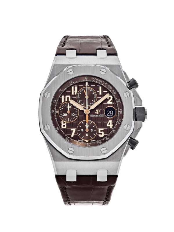 Audemars Piguet Royal Oak Offshore Chronograph 26470ST.OO.A820CR.01, 42mm stainless steel case, brown dial, alligator leather strap, sapphire crystal, and 100m water resistance.