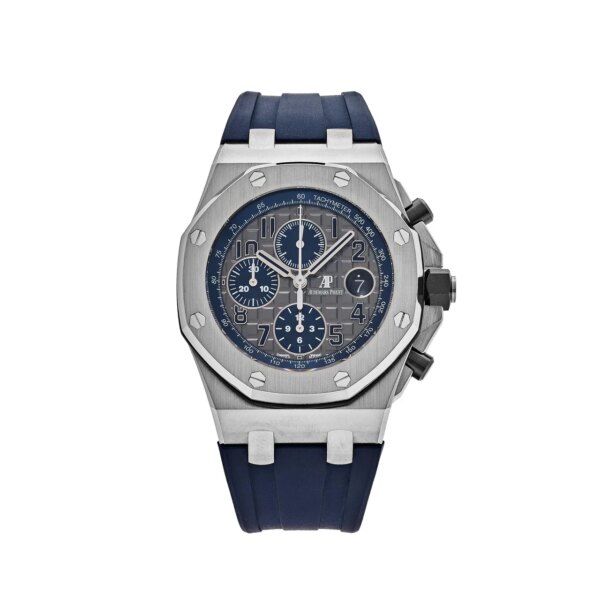 Audemars Piguet Royal Oak Offshore 26474TI.OO.1000TI.01 featuring a 42mm titanium case, grey dial, and a titanium and rubber bracelet, exuding sporty luxury and rugged elegance.