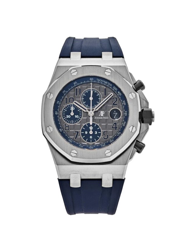 Audemars Piguet Royal Oak Offshore 26474TI.OO.1000TI.01 featuring a 42mm titanium case, grey dial, and a titanium and rubber bracelet, exuding sporty luxury and rugged elegance.