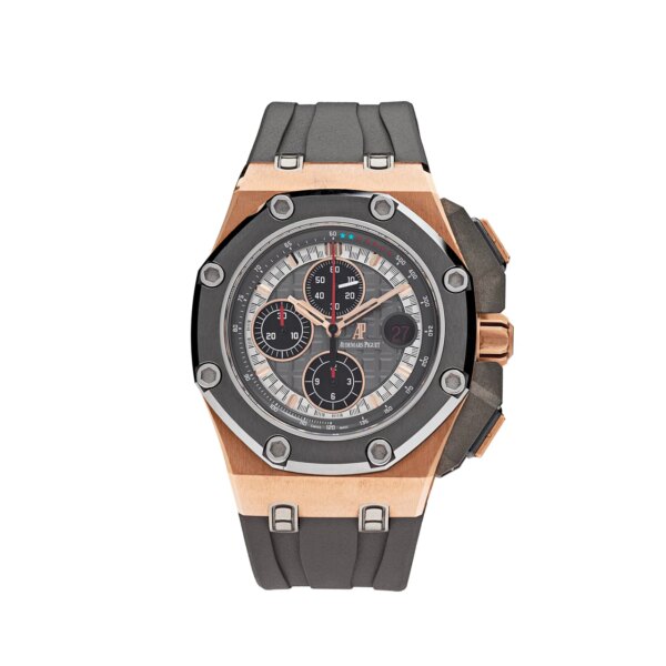 Audemars Piguet Royal Oak Offshore Limited Edition Michael Schumacher 26568OM.OO.A004CA.01, featuring a titanium case, black ceramic bezel, and red-accented silver-toned dial.