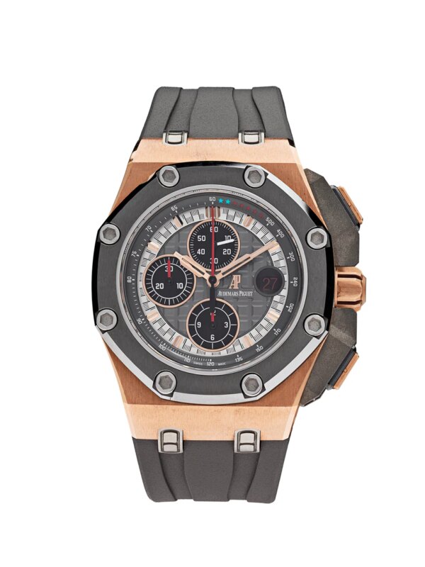 Audemars Piguet Royal Oak Offshore Limited Edition Michael Schumacher 26568OM.OO.A004CA.01, featuring a titanium case, black ceramic bezel, and red-accented silver-toned dial.