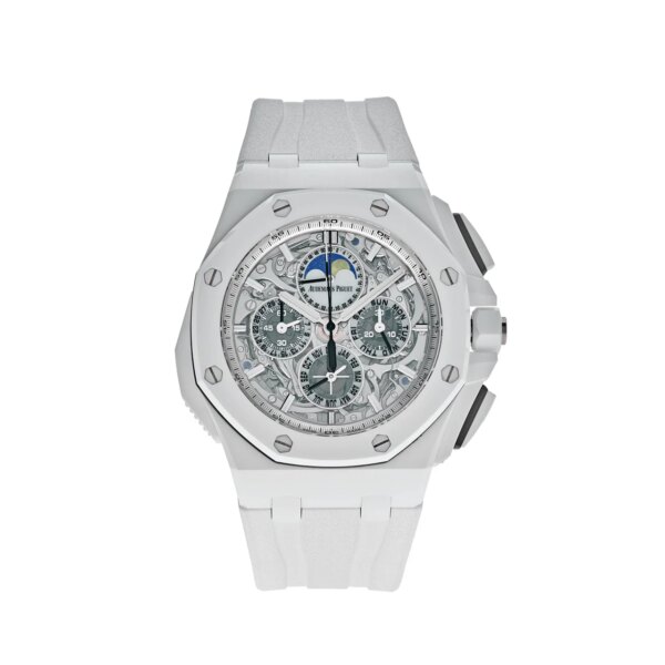 Audemars Piguet Royal Oak Offshore Grand Complications White Ceramic 26582CB.OO.A010CA.01 with a 44mm white ceramic case, white dial with blue Arabic numerals, and a white rubber strap.