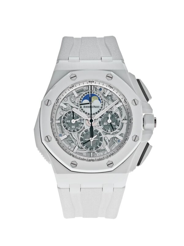 Audemars Piguet Royal Oak Offshore Grand Complications White Ceramic 26582CB.OO.A010CA.01 with a 44mm white ceramic case, white dial with blue Arabic numerals, and a white rubber strap.