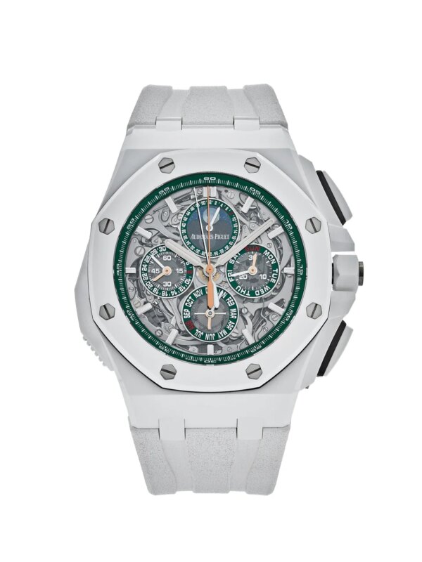 Audemars Piguet Royal Oak Offshore Grande Complication Perpetual Calendar Piece Unique 26582CB.OO.A010CA.01 with 44mm titanium case, ceramic bezel, and blue rubber strap.