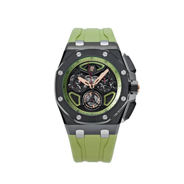 Audemars Piguet Royal Oak Offshore Flying Tourbillon Chronograph 26622CE.OO.D062CA.01 featuring a 43mm black ceramic case, green rubber strap, and flyback chronograph.