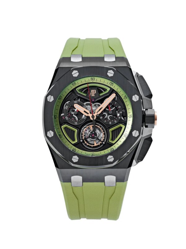 Audemars Piguet Royal Oak Offshore Flying Tourbillon Chronograph 26622CE.OO.D062CA.01 featuring a 43mm black ceramic case, green rubber strap, and flyback chronograph.