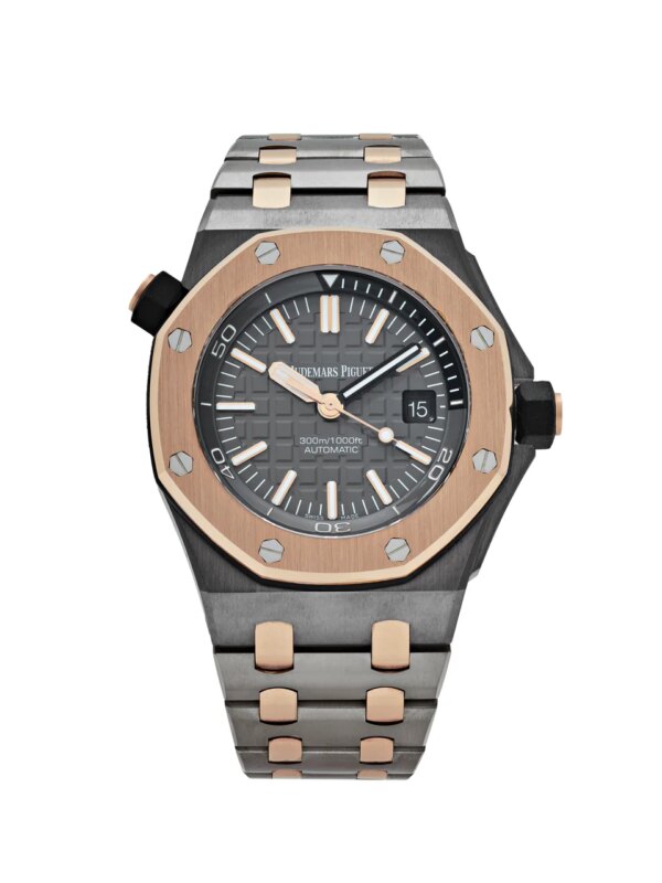Audemars Piguet Royal Oak Offshore Diver 'QE II Cup' Limited Edition in tantalum and 18K rose gold, with a 42mm case, anthracite 'Clous de Paris' dial, and caliber 3120 movement.