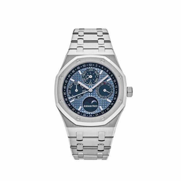 Audemars Piguet Royal Oak Perpetual Calendar 26574ST.OO.1220ST.03 watch with 41mm stainless steel case, blue 'Night Blue, Cloud 50' dial, and stainless steel bracelet.