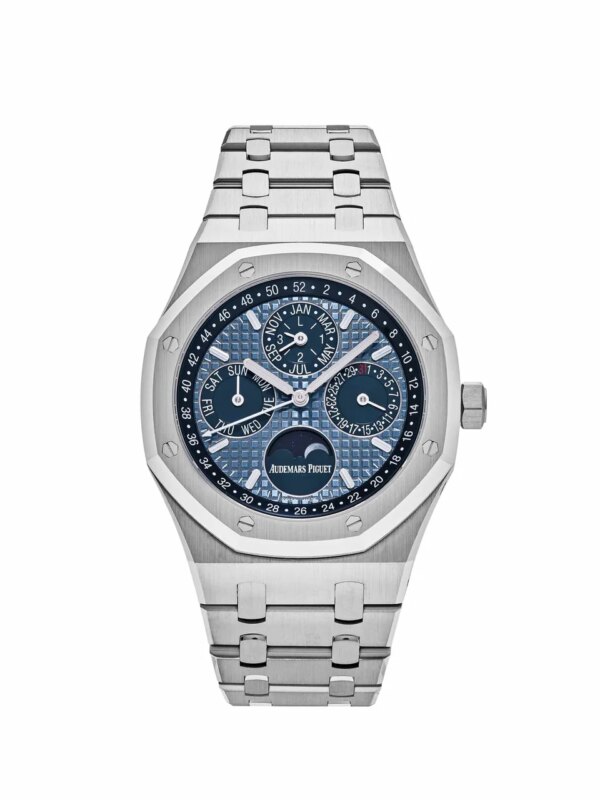 Audemars Piguet Royal Oak Perpetual Calendar 26574ST.OO.1220ST.03 watch with 41mm stainless steel case, blue 'Night Blue, Cloud 50' dial, and stainless steel bracelet.