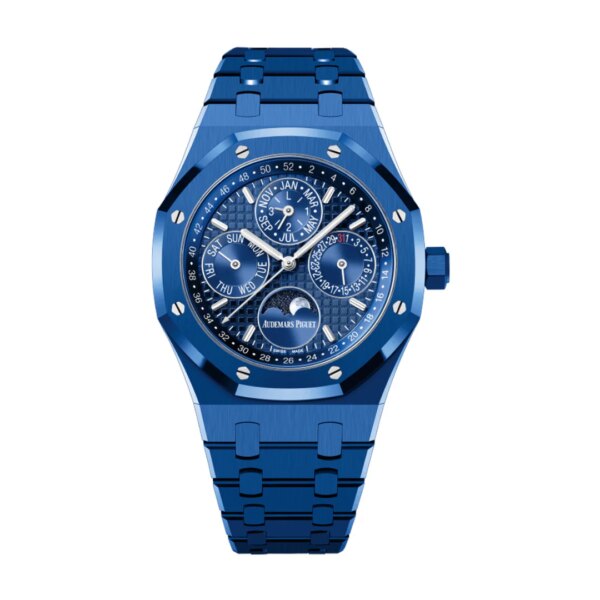 Audemars Piguet Royal Oak Perpetual Calendar 26579CS.OO.1225CS.01 with 41mm blue ceramic case, Grande Tapisserie dial, and matching blue ceramic bracelet.