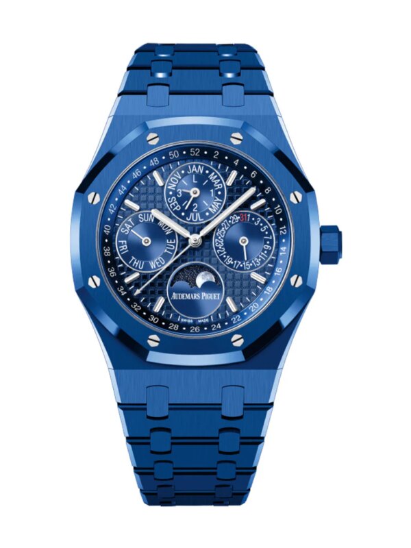 Audemars Piguet Royal Oak Perpetual Calendar 26579CS.OO.1225CS.01 with 41mm blue ceramic case, Grande Tapisserie dial, and matching blue ceramic bracelet.