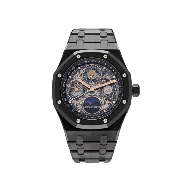 Audemars Piguet Royal Oak Perpetual Calendar 26585CE.OO.1225CE.01 with 41mm black ceramic case, openworked dial, perpetual calendar complication, and black ceramic bracelet.