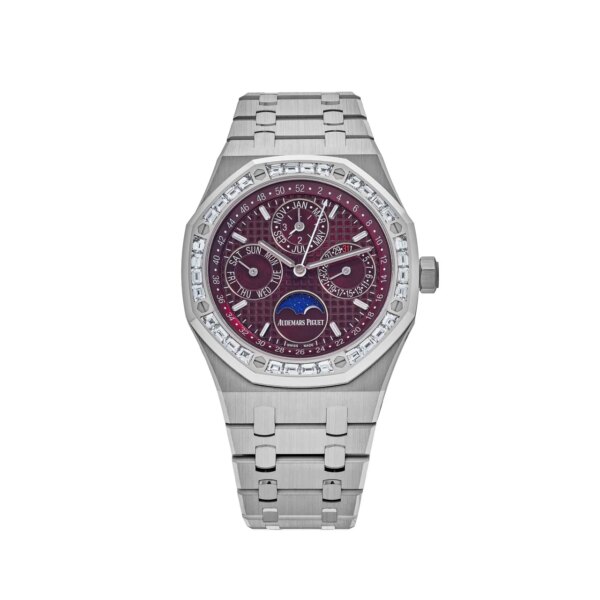 Audemars Piguet Royal Oak Perpetual Calendar 26598BC.ZZ.1220BC.01 in 18-carat white gold with diamond-set bezel and burgundy dial.