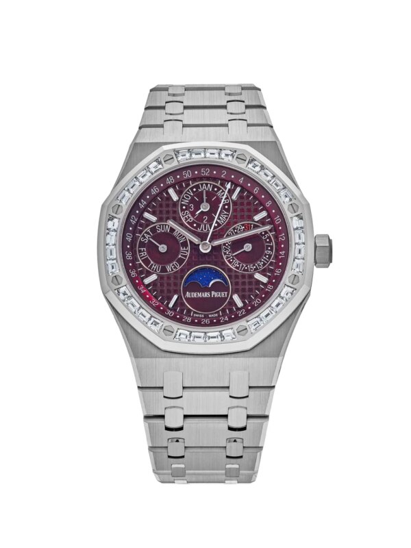 Audemars Piguet Royal Oak Perpetual Calendar 26598BC.ZZ.1220BC.01 in 18-carat white gold with diamond-set bezel and burgundy dial.