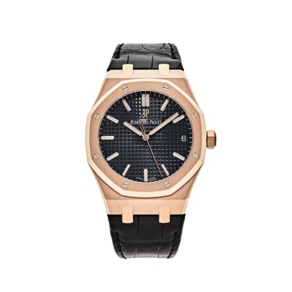 Audemars Piguet Royal Oak Selfwinding 15500OR.OO.D002CR.01 Rose Gold watch with black alligator strap and Grande Tapisserie dial pattern.