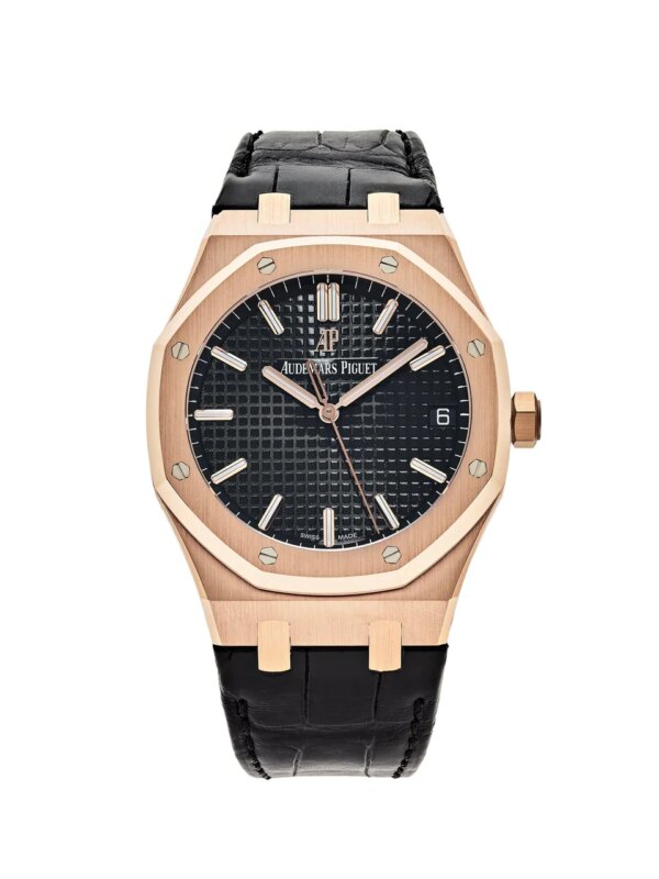 Audemars Piguet Royal Oak Selfwinding 15500OR.OO.D002CR.01 Rose Gold watch with black alligator strap and Grande Tapisserie dial pattern.