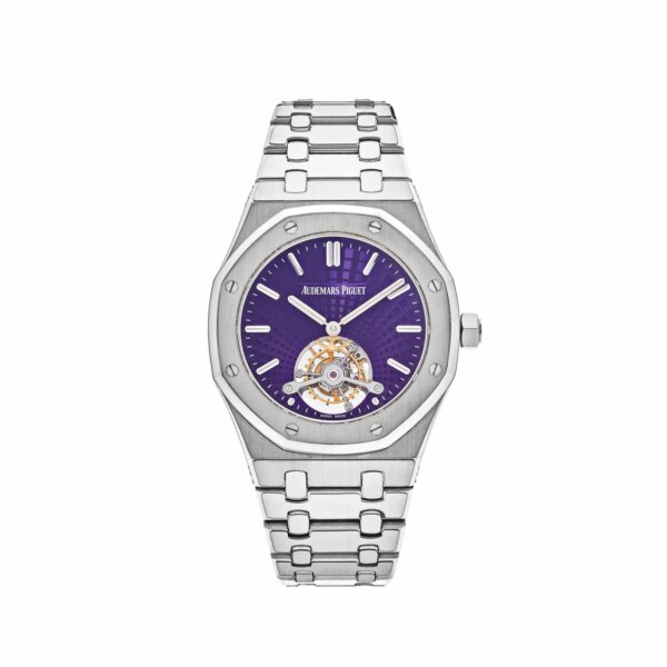 Audemars Piguet Royal Oak Tourbillon Extra Thin 26522ST.OO.1220ST.01 with a stainless steel case, purple Grande Tapisserie dial, and hand-wound tourbillon movement.