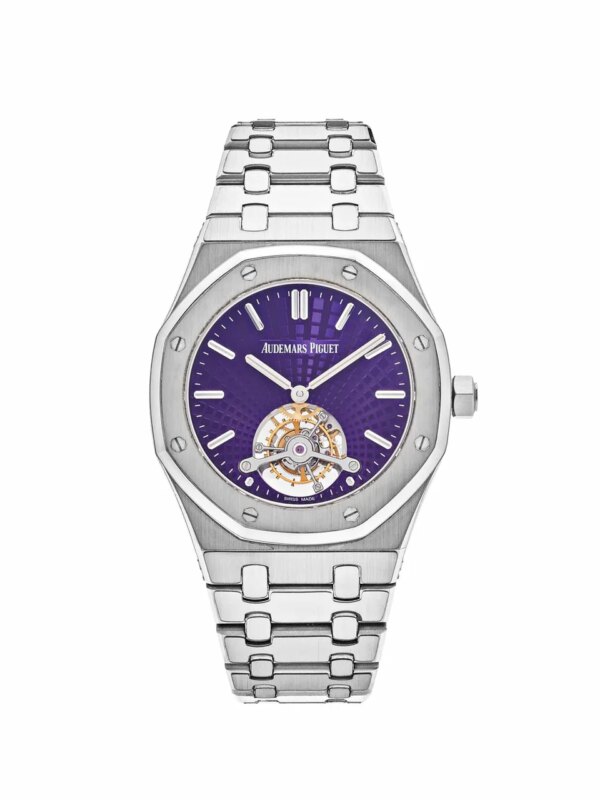 Audemars Piguet Royal Oak Tourbillon Extra Thin 26522ST.OO.1220ST.01 with a stainless steel case, purple Grande Tapisserie dial, and hand-wound tourbillon movement.