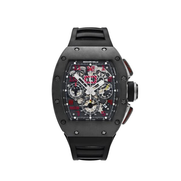Richard Mille RM 011 Felipe Massa Chronograph with titanium case, red hour markers, skeletonized dial, and black rubber strap showcasing high-performance watchmaking.