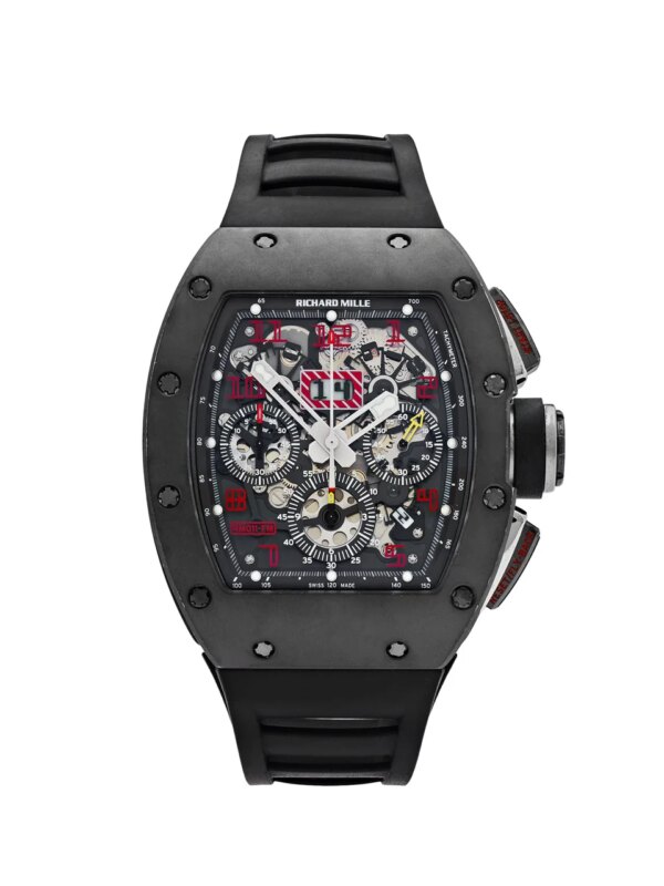 Richard Mille RM 011 Felipe Massa Chronograph with titanium case, red hour markers, skeletonized dial, and black rubber strap showcasing high-performance watchmaking.