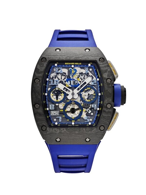 Richard Mille RM 011 Felipe Massa '10th Anniversary' with carbon NTPT case, blue and yellow accents, flyback chronograph, and skeletonized sapphire dial.