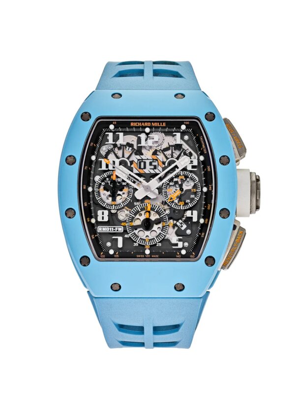 Richard Mille RM 11 Baby Blue Ceramic Last Edition for Felipe Massa with a baby blue ceramic case, skeletonized dial, and black strap showcasing elegant and sporty luxury design.