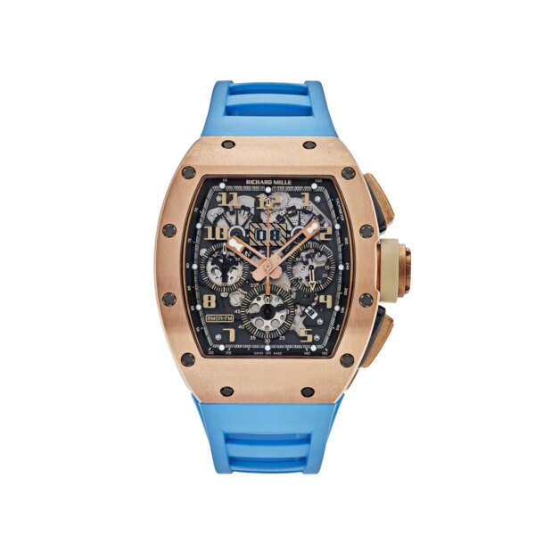 Richard Mille Ivory Rose Gold RM011 luxury watch with rose gold case, ivory dial, skeletonized design, and automatic movement, representing timeless elegance and technical precision.