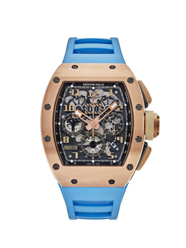Richard Mille Ivory Rose Gold RM011 luxury watch with rose gold case, ivory dial, skeletonized design, and automatic movement, representing timeless elegance and technical precision.