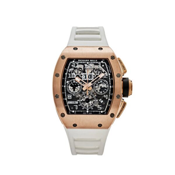 Richard Mille Felipe Massa Boutique Edition RM 11 luxury watch with a tonneau-shaped case, automatic movement, skeletonized dial, and chronograph, embodying precision and refinement.