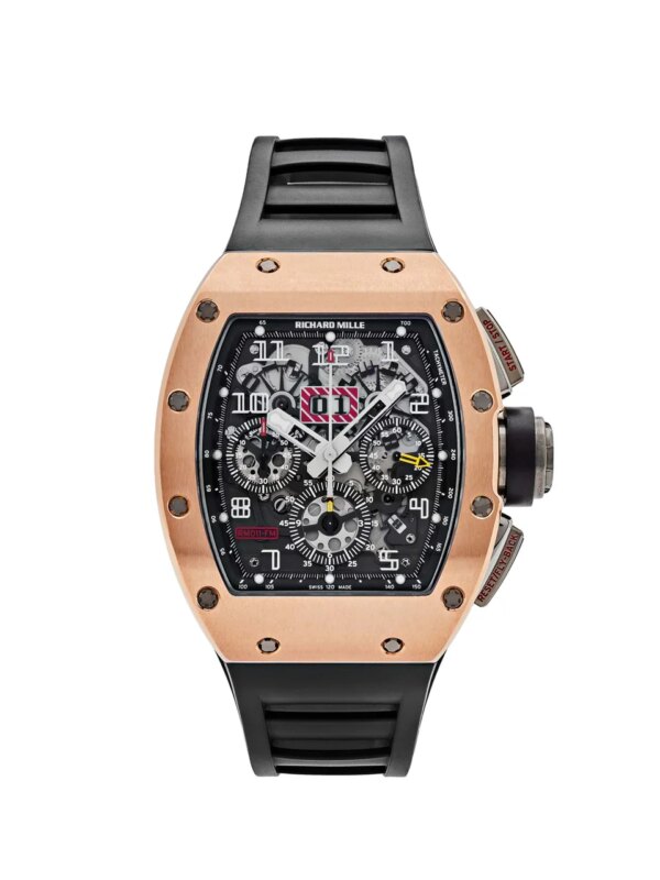 Richard Mille Felipe Massa Chronograph RM011 with a rose gold case, skeletonized dial, and automatic movement, representing timeless elegance and precision engineering.