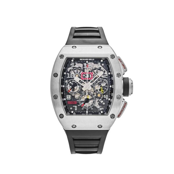 Richard Mille RM 011 luxury watch with a 50 x 40mm titanium case, featuring automatic movement, chronograph, date display, and flyback function, embodying precision and innovation.