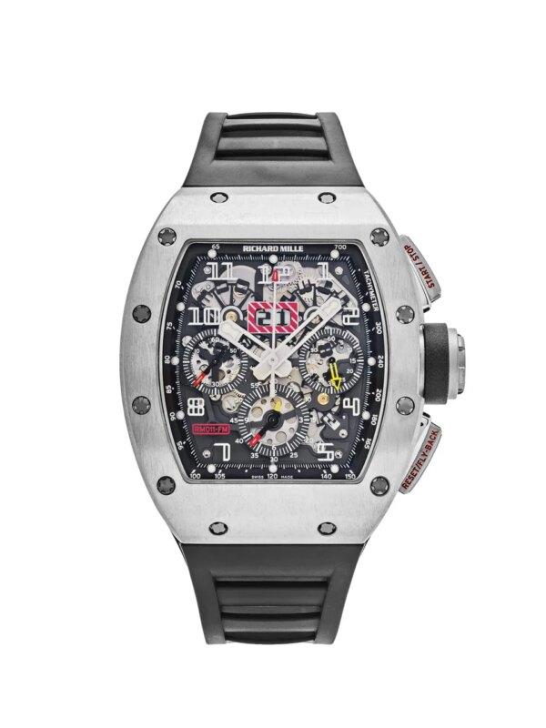Richard Mille RM 011 luxury watch with a 50 x 40mm titanium case, featuring automatic movement, chronograph, date display, and flyback function, embodying precision and innovation.
