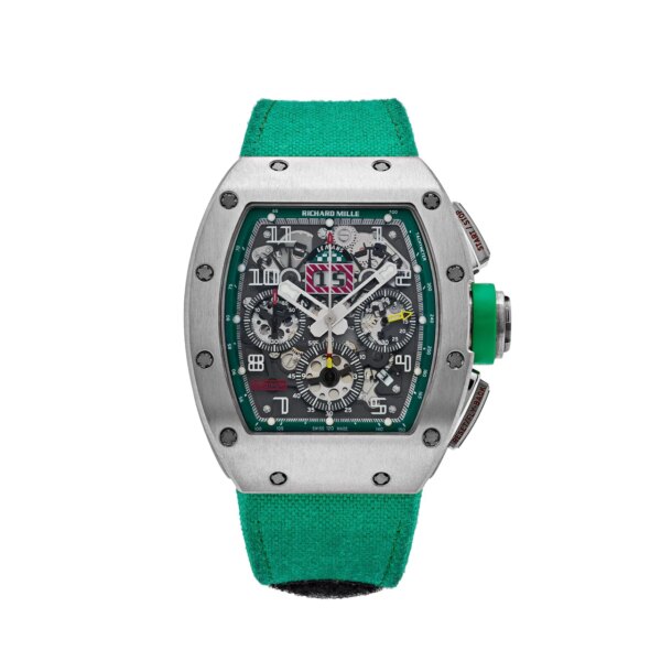 Richard Mille RM11 Felipe Massa Le Mans Classic with a 50 x 40mm titanium case, transparent skeleton dial, and motorsport-inspired chronograph features.
