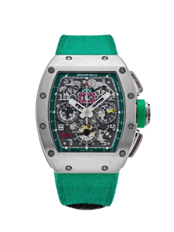 Richard Mille RM11 Felipe Massa Le Mans Classic with a 50 x 40mm titanium case, transparent skeleton dial, and motorsport-inspired chronograph features.
