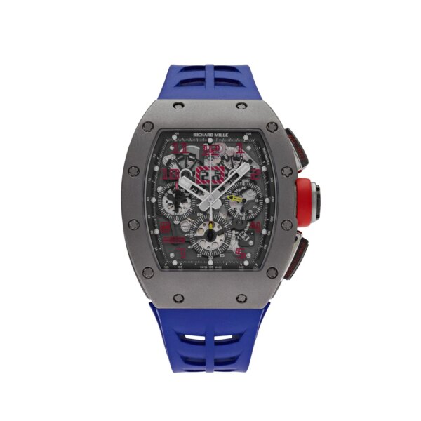Richard Mille RM 011 Felipe Massa Flyback Chronograph with a titanium tonneau case, skeletonized dial, and blue rubber strap showcasing racing-inspired luxury watch design.