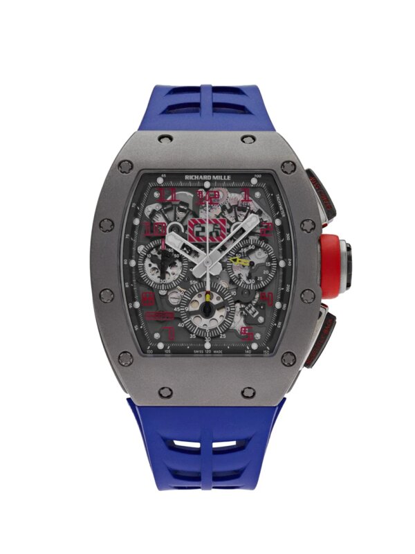 Richard Mille RM 011 Felipe Massa Flyback Chronograph with a titanium tonneau case, skeletonized dial, and blue rubber strap showcasing racing-inspired luxury watch design.