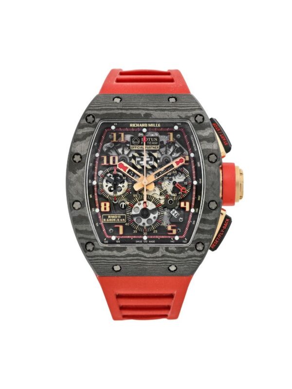 Richard Mille RM 11 Romain Grosjean "Lotus F1" with carbon NTPT and rose gold case, skeletonized dial, and racing-inspired chronograph features.