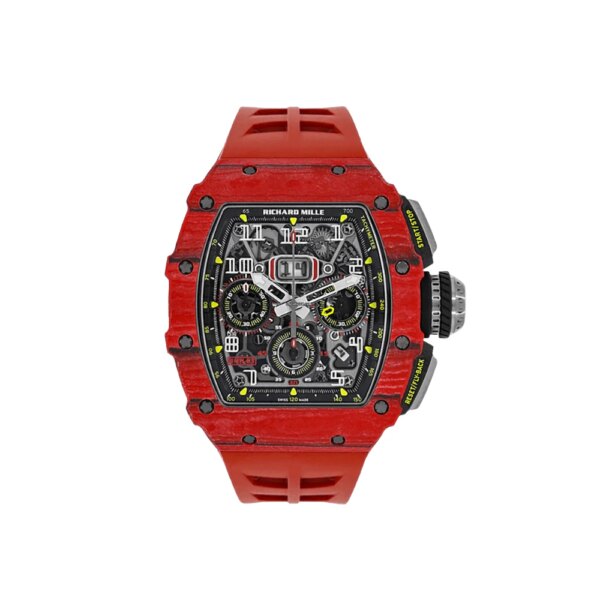 Richard Mille RM11-03 Flyback Chronograph with a 50mm tonneau-shaped case, skeletonized dial, and luxurious strap.