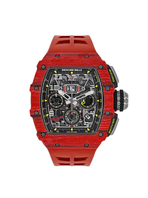 Richard Mille RM11-03 Flyback Chronograph with a 50mm tonneau-shaped case, skeletonized dial, and luxurious strap.