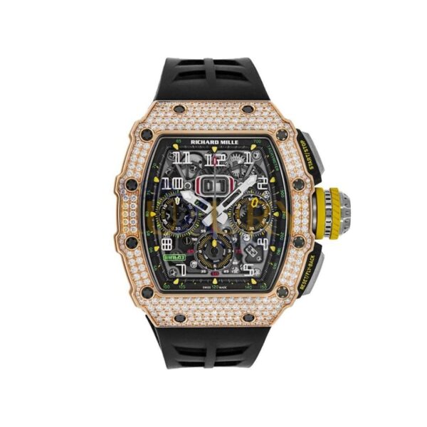 Richard Mille RM 11-03 with a 50mm rose gold case set with diamonds, skeletonized dial, and black rubber strap.