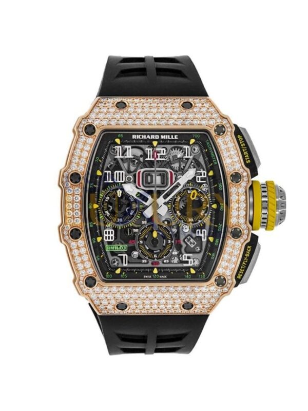 Richard Mille RM 11-03 with a 50mm rose gold case set with diamonds, skeletonized dial, and black rubber strap.