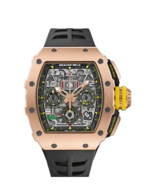 Richard Mille RM 11-03 in rose gold with skeletonized dial, white numerals, flyback chronograph, and black rubber strap.