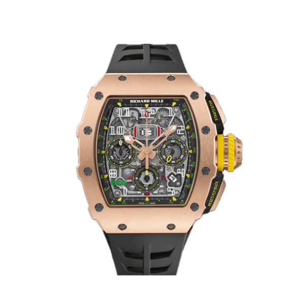 Richard Mille RM 11-03 in rose gold with skeletonized dial, white numerals, flyback chronograph, and black rubber strap.
